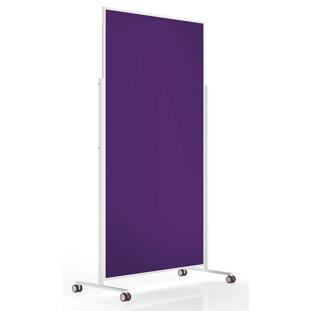 Mobile Trennwand mit violettem Paneel in weißem Rahmen auf Rollen vor weißem Hintergrund.
