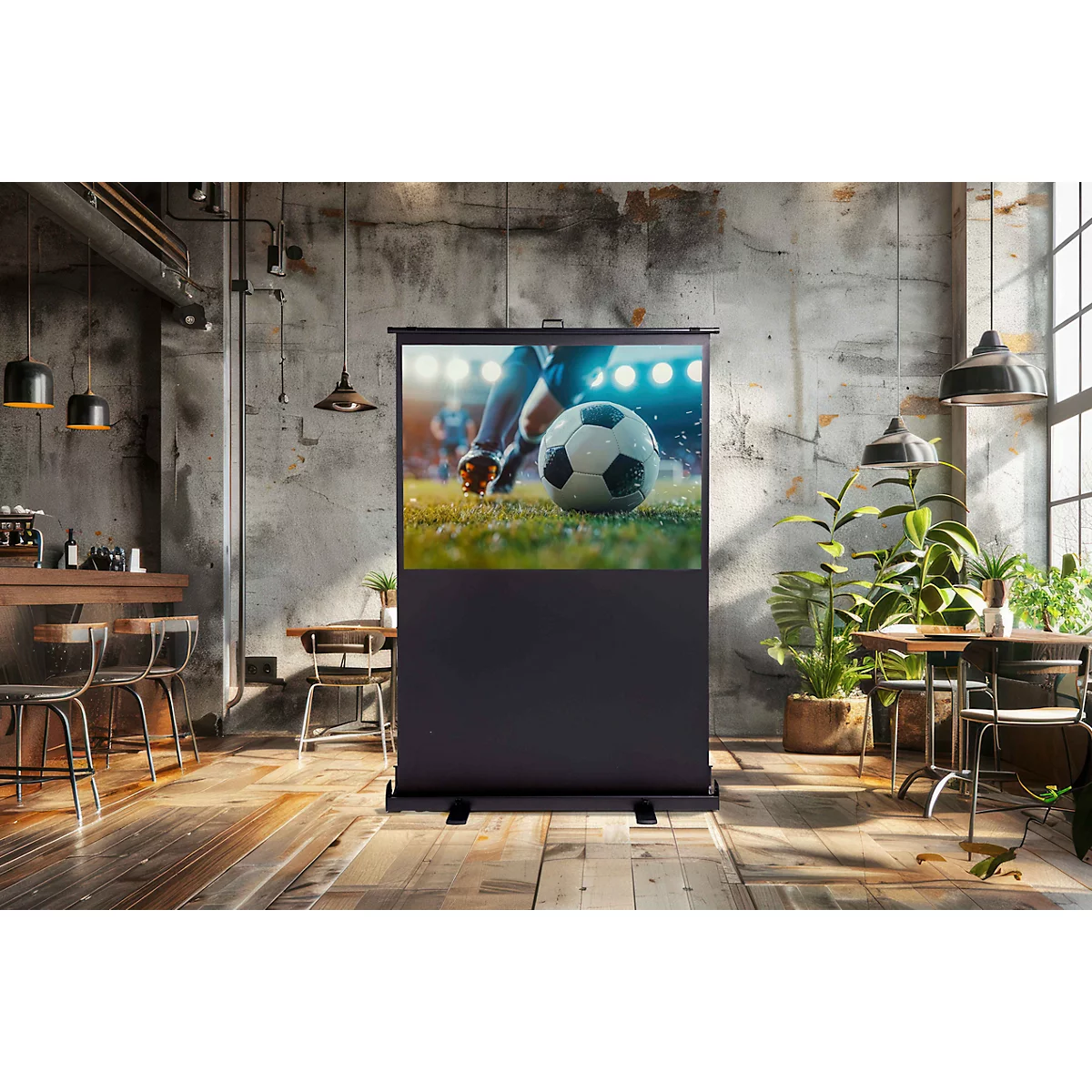 Eine mobile Leinwand steht in einem modernen Restaurant und zeigt ein laufendes Fußballspiel.