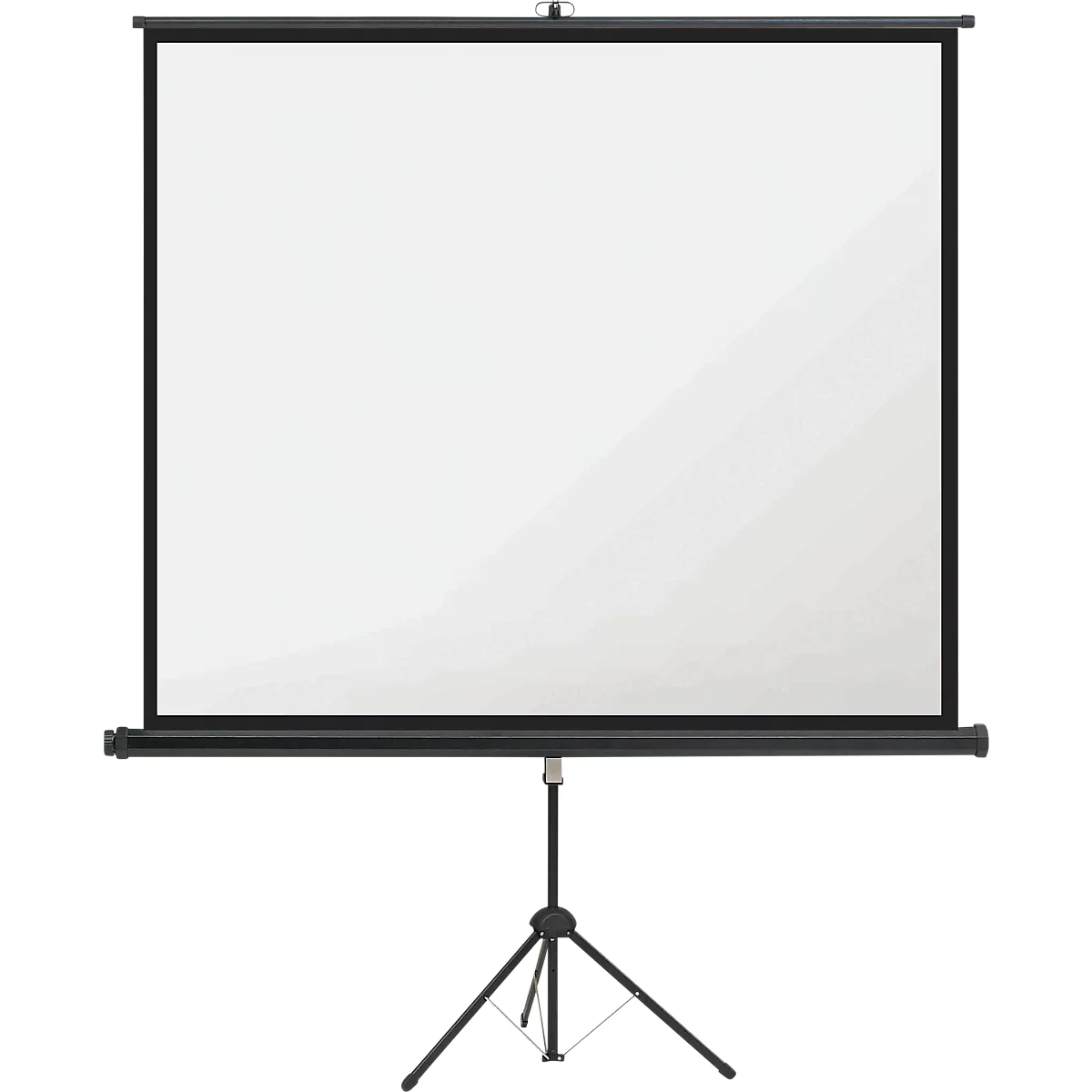 Weiße Projektionsleinwand mit schwarzem Rahmen auf einem ausklappbaren Dreibeinstativ.