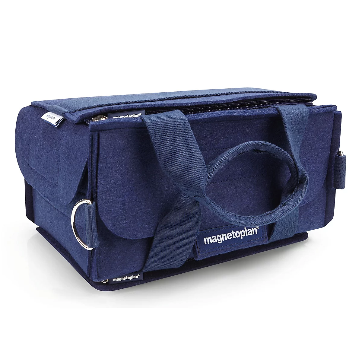 Blaue Moderatorentasche ecoAware aus rPET-Filz mit Hinweisen zu Nachhaltigkeit und FSC-Zertifizierung.