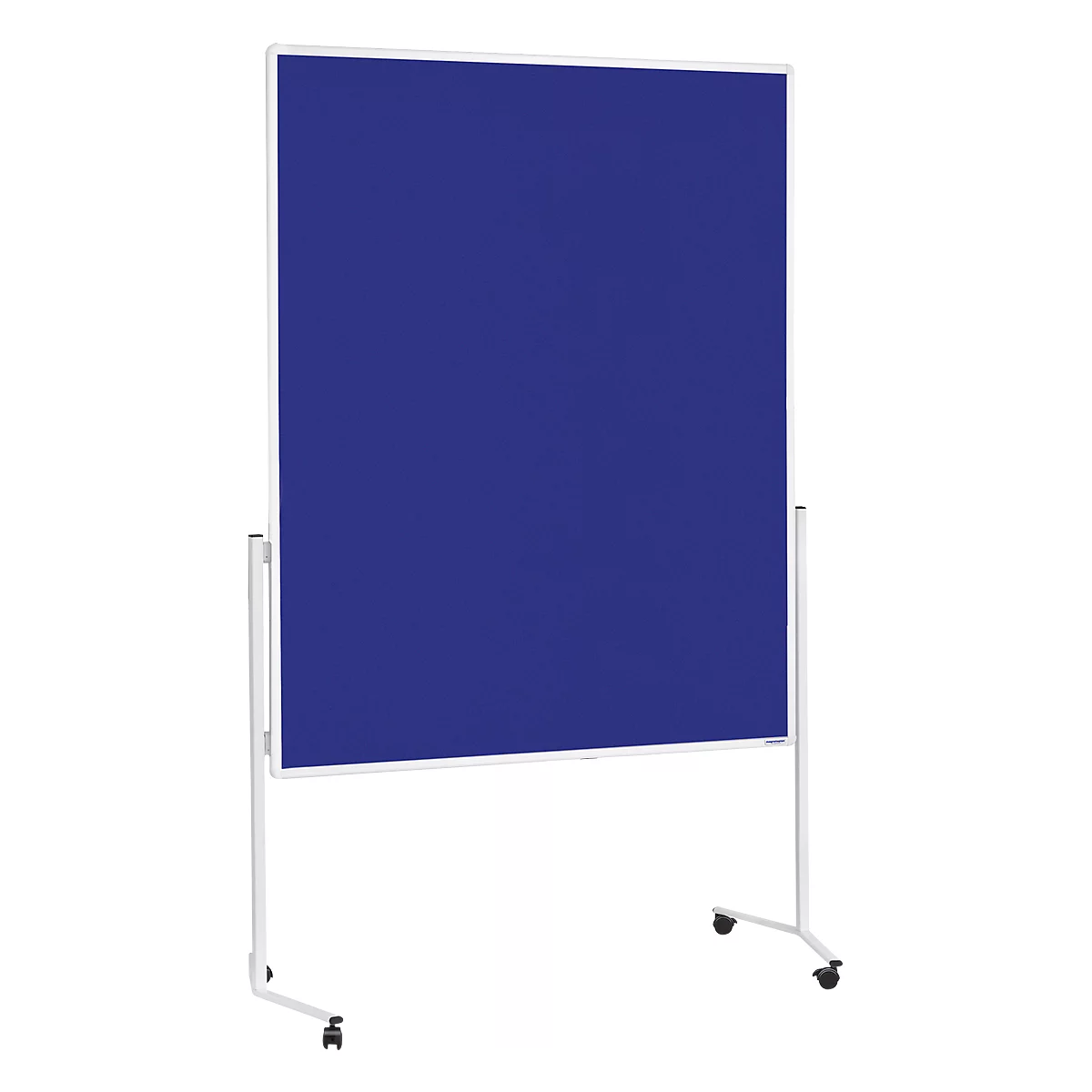 Blauw presentatiebord op een wit frame, op een standaard met wielen.
