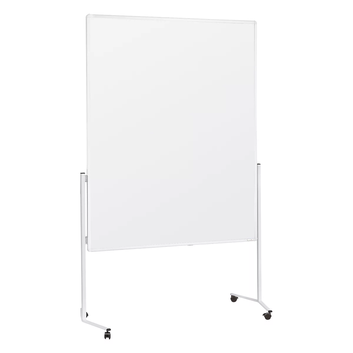 White, freestanding whiteboard on wheels. Metal frame, large writing surface.