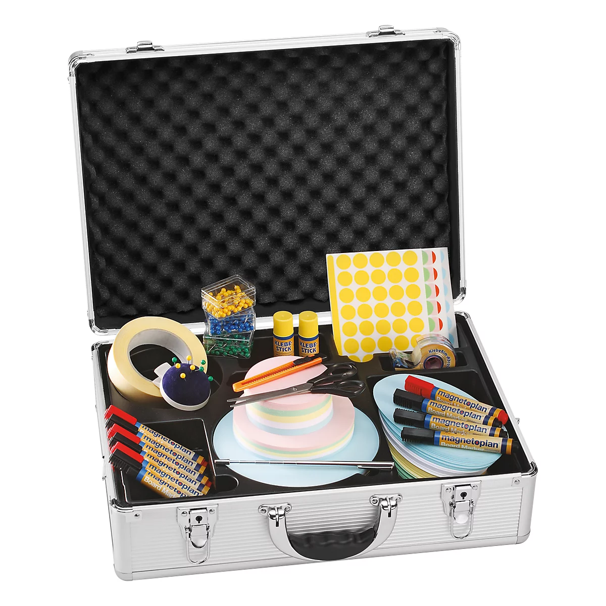 Open silver briefcase with many items: markers, paper clips, tape, papers, pens, scissors.