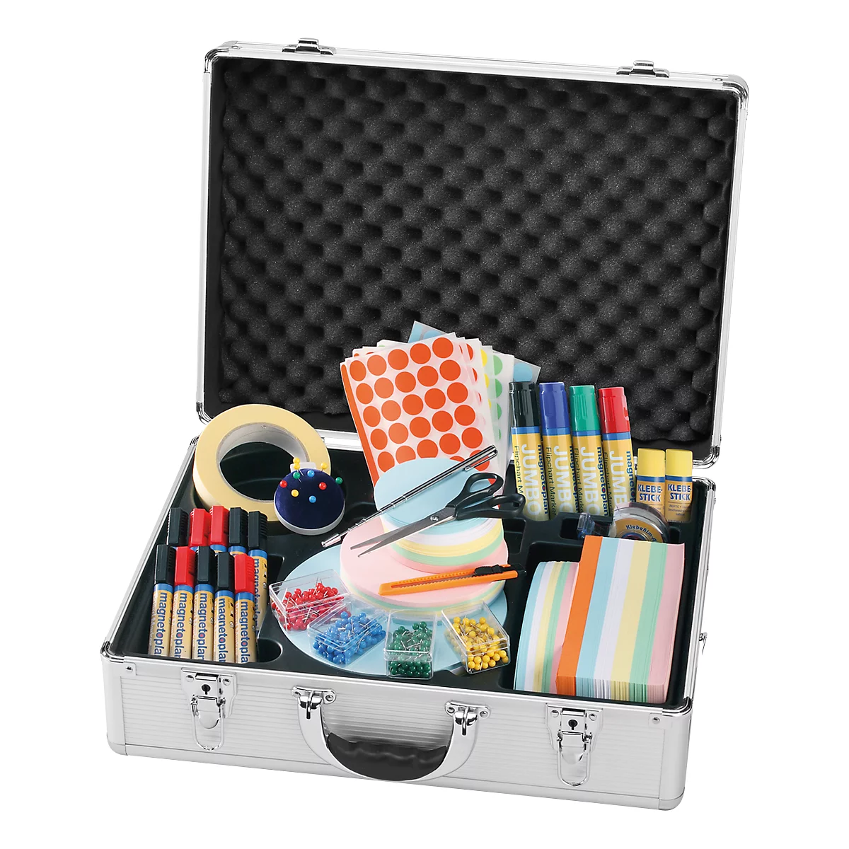 Open toolbox with many craft materials, including pens, paper, tape and scissors.