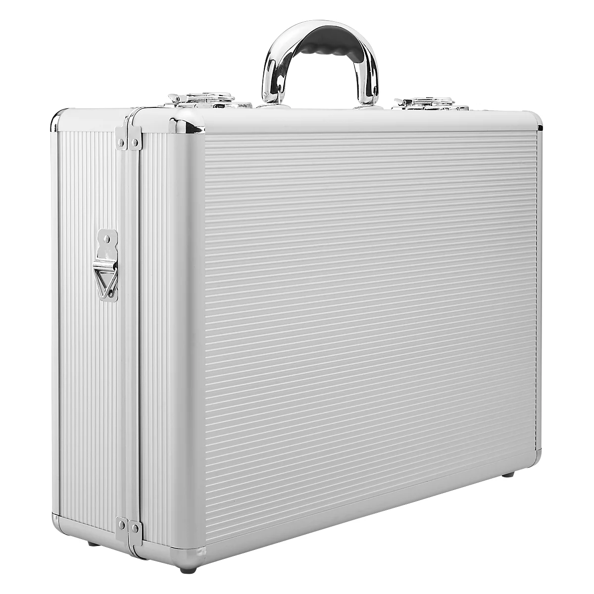 Silver suitcase with ridged surface, handle and metal fittings.