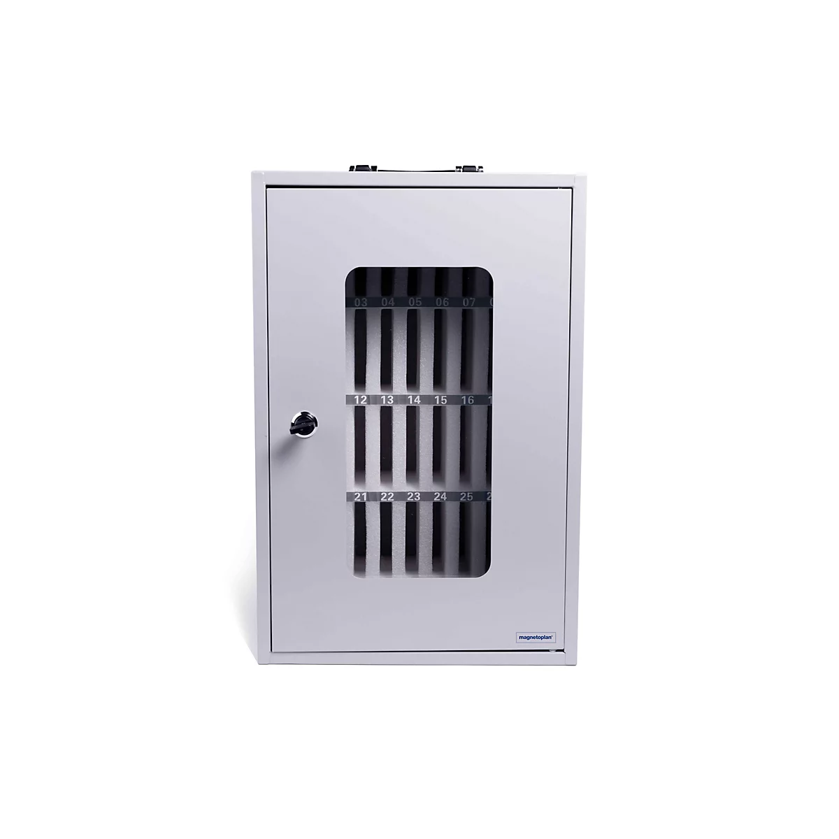 Magnetoplan Smartphone-Aufbewahrungsbox, für bis zu 36 Mobiltelefone, abschließbar, Tragegriff, B 295 x T 205 x H 445 mm, Stahl lackiert, grau