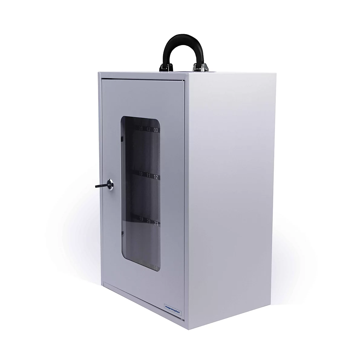 Magnetoplan Smartphone-Aufbewahrungsbox, für bis zu 36 Mobiltelefone, abschließbar, Tragegriff, B 295 x T 205 x H 445 mm, Stahl lackiert, grau