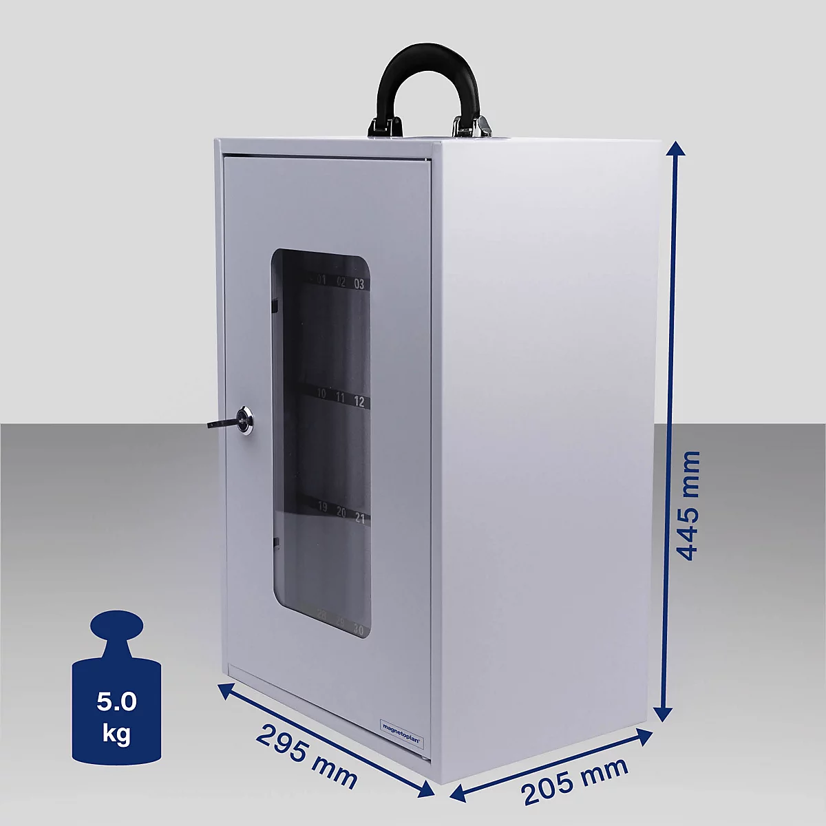 Magnetoplan Smartphone-Aufbewahrungsbox, für bis zu 36 Mobiltelefone, abschließbar, Tragegriff, B 295 x T 205 x H 445 mm, Stahl lackiert, grau