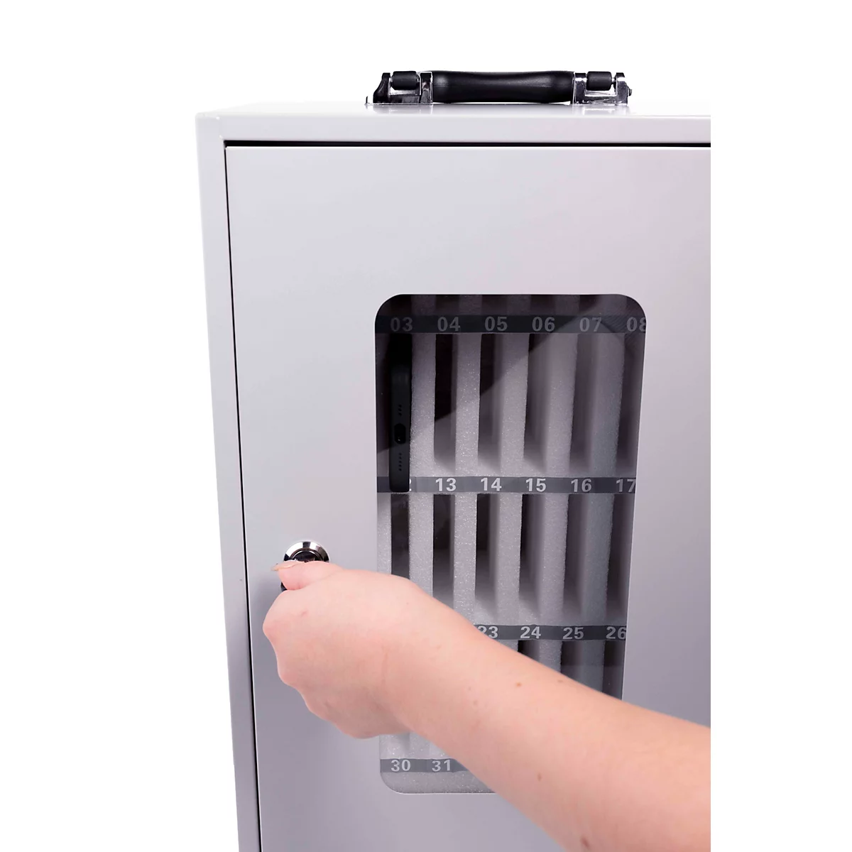 Magnetoplan Smartphone-Aufbewahrungsbox, für bis zu 36 Mobiltelefone, abschließbar, Tragegriff, B 295 x T 205 x H 445 mm, Stahl lackiert, grau