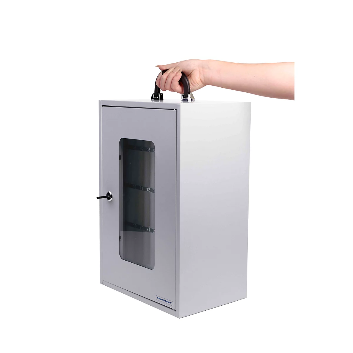 Magnetoplan Smartphone-Aufbewahrungsbox, für bis zu 36 Mobiltelefone, abschließbar, Tragegriff, B 295 x T 205 x H 445 mm, Stahl lackiert, grau