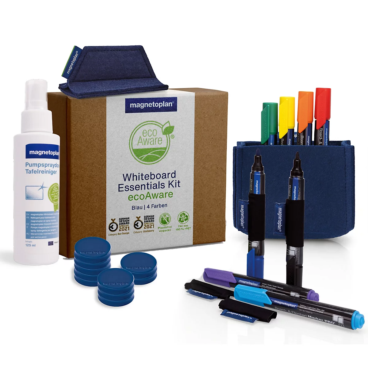 Magnetoplan Whiteboard-Reinigungsset mit Sprühflasche, Markern, Magneten und Filz-Etui in brauner Box.
