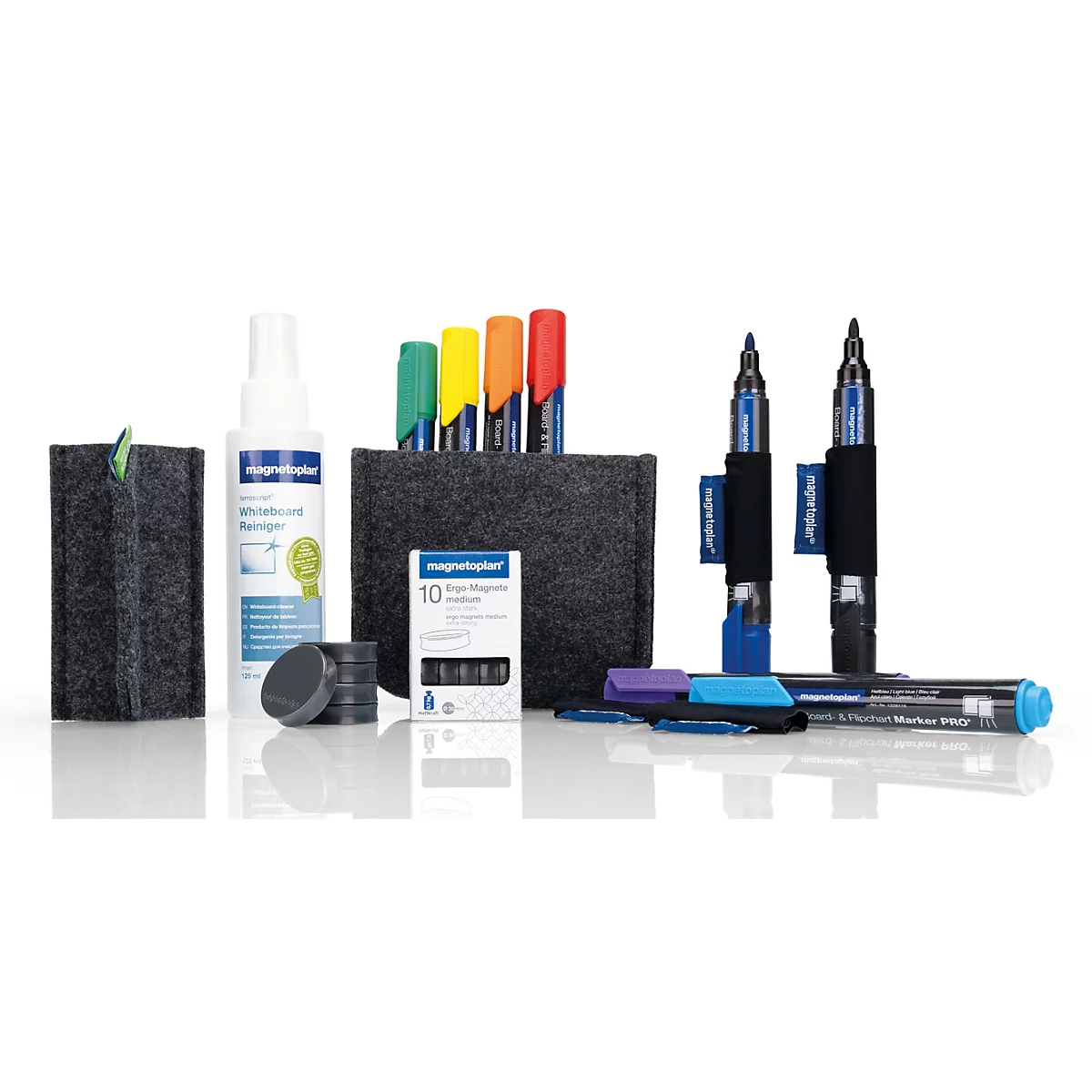 Magnetoplan Set mit Whiteboard-Markern, Reiniger und Zubehör für agiles Arbeiten auf weißem Hintergrund.