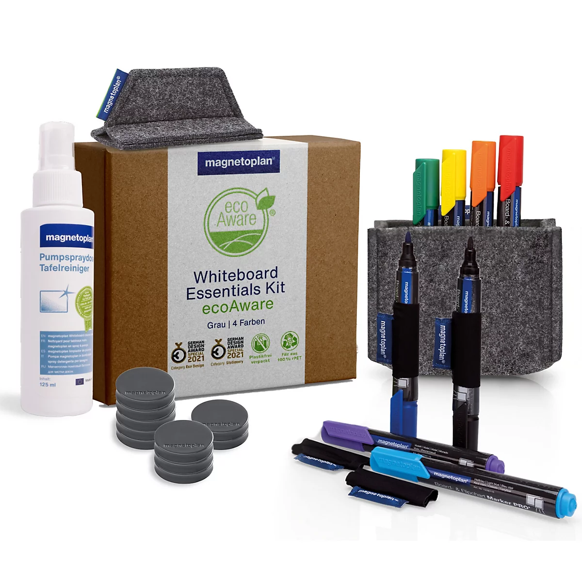 Magnetoplan Whiteboard Essentials Kit ecoAware met bordreiniger, magneten, viltpennenhouder en wisser.