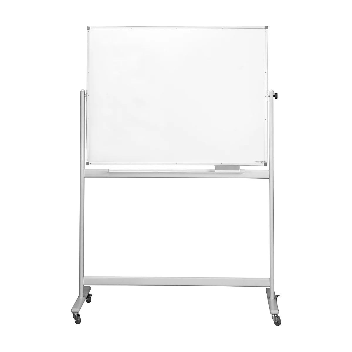 Een wit, rollend whiteboard met een zilveren frame. Op het whiteboard ligt een spons.
