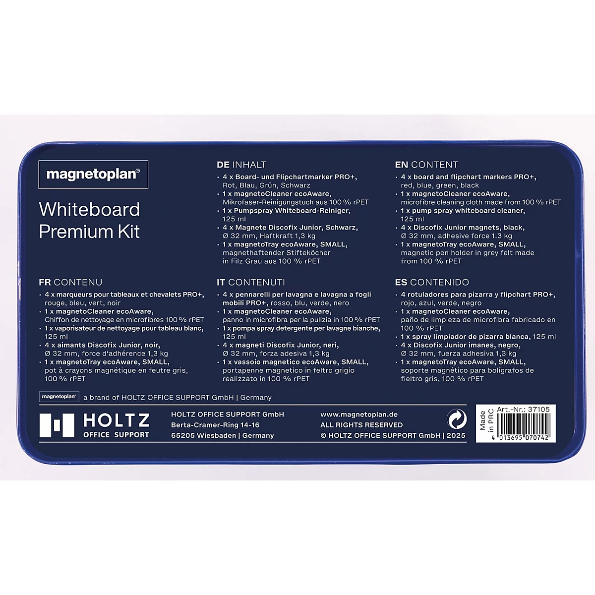 Rückseite der magnetoplan Whiteboard Premium Kit Verpackung mit Inhaltsangaben in fünf Sprachen.