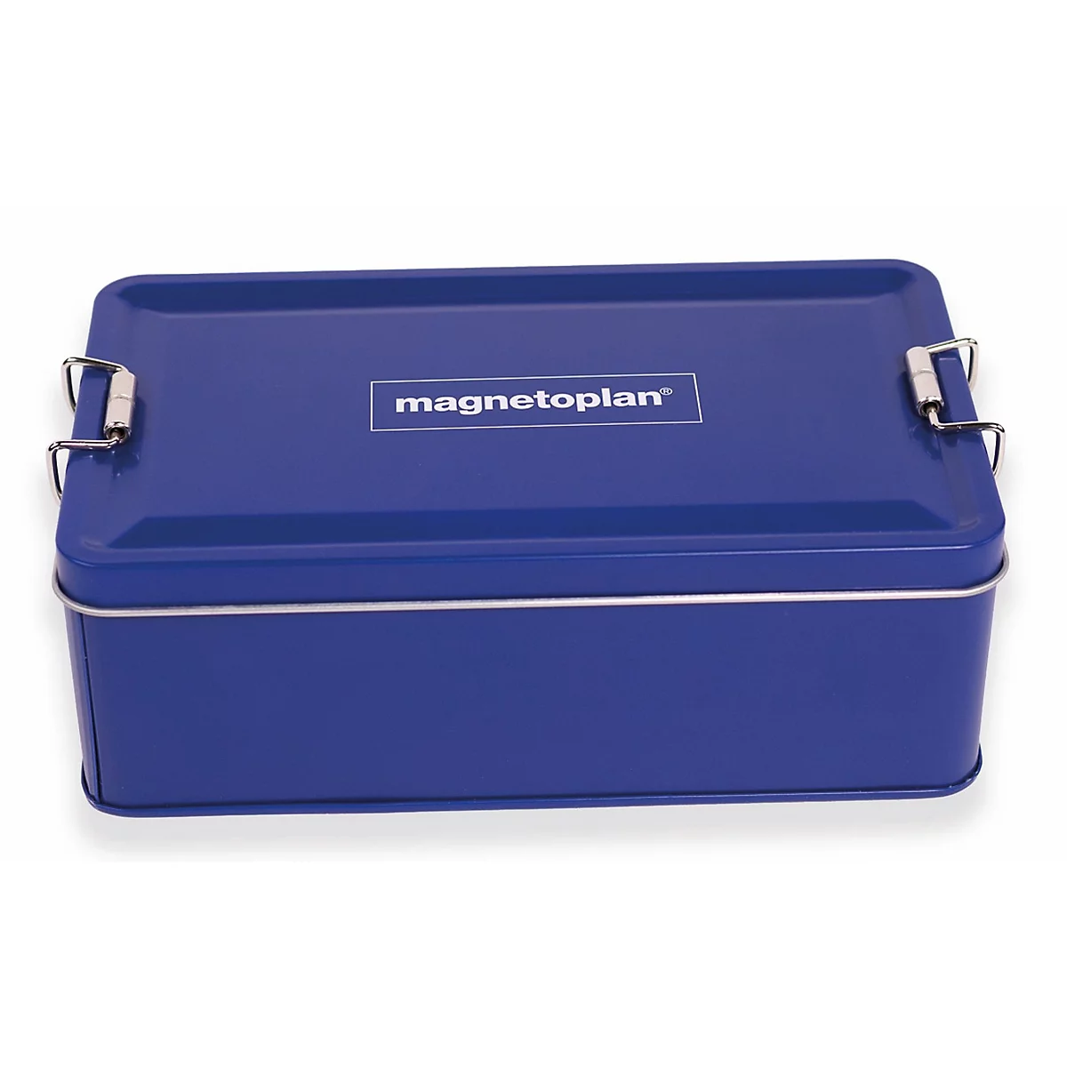 Blauwe, rechthoekige metalen doos met het Magnetoplan-logo en twee metalen sluitingen tegen een neutrale achtergrond.