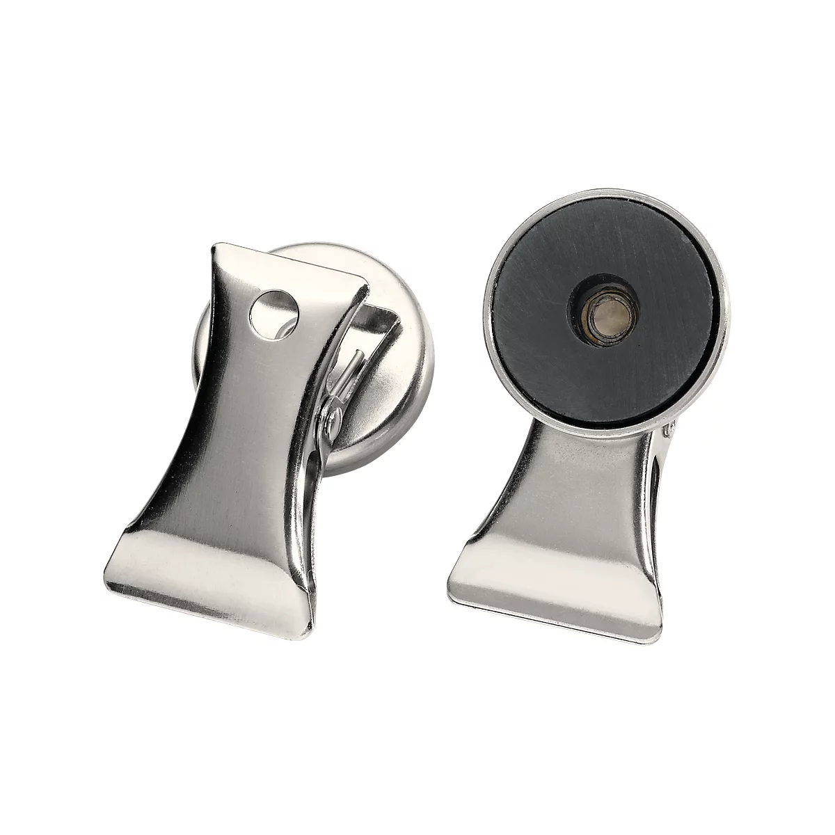 Two silver metal clips, with magnets on the back, the front is shaped like a clip.