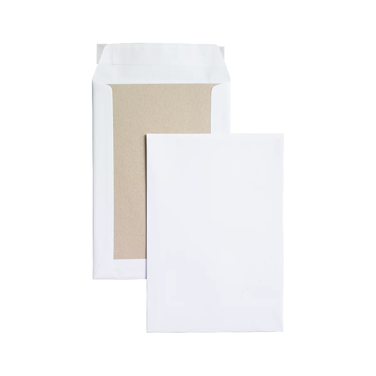 Two white envelopes, one open with a brown interior. Next to it, a closed envelope.