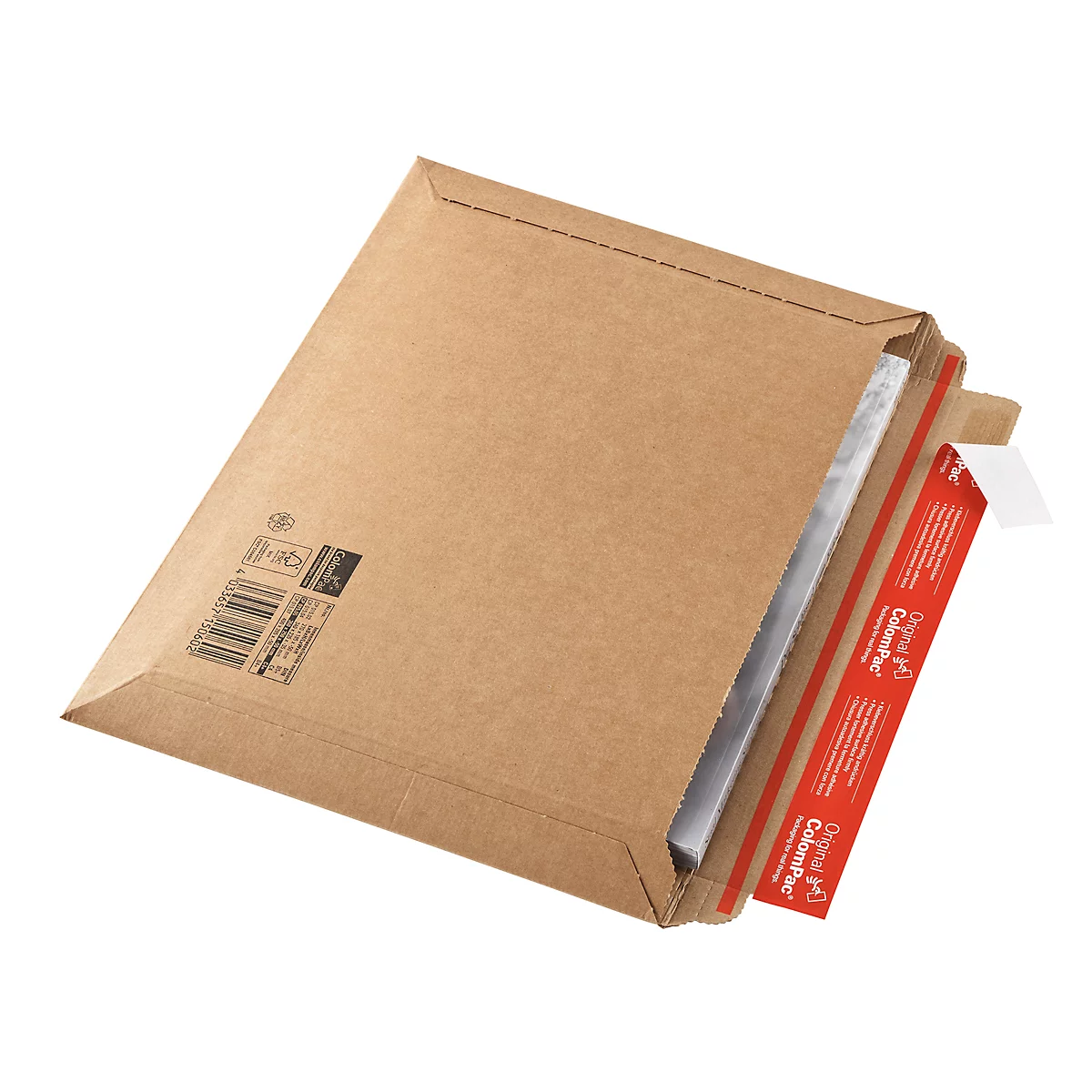 A brown shipping carton with red tape. Partially open, content visible.