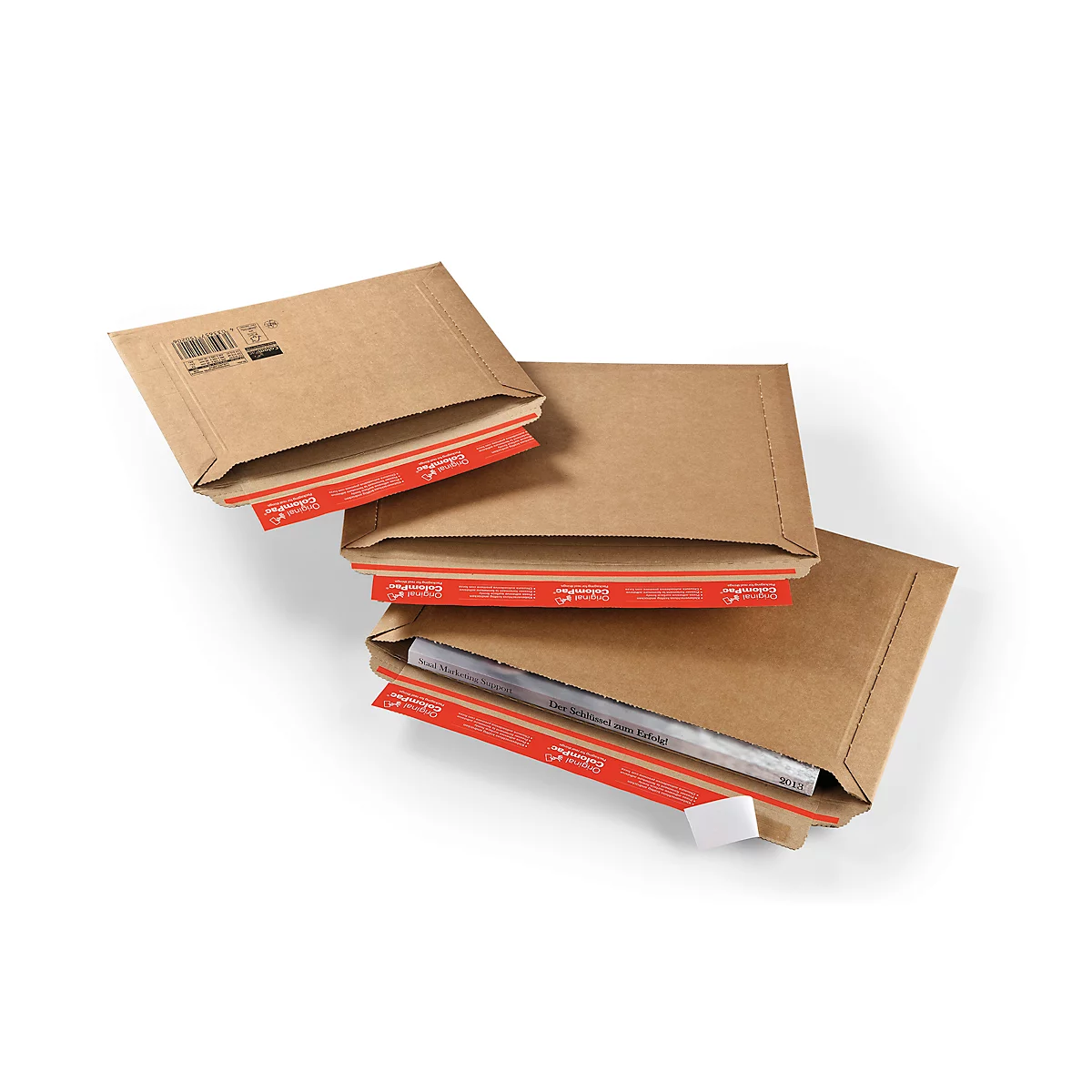 Three brown shipping envelopes with red tape, partially open. Text is visible on one.