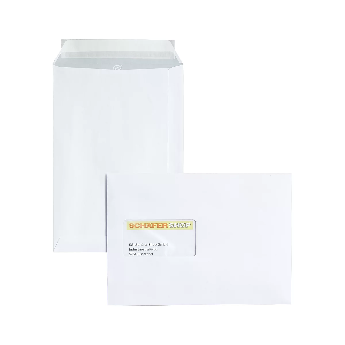 Two white envelopes. One is open, the other has a viewing window with company logo and address.
