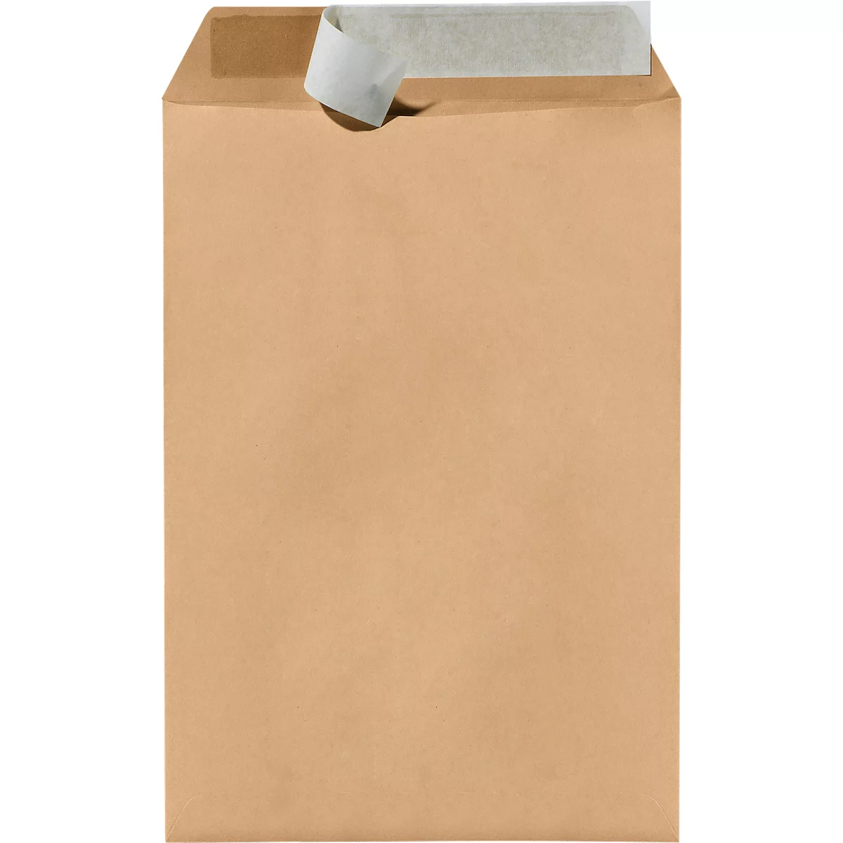 Brown envelope with glued closure. The adhesive strip is partially detached.
