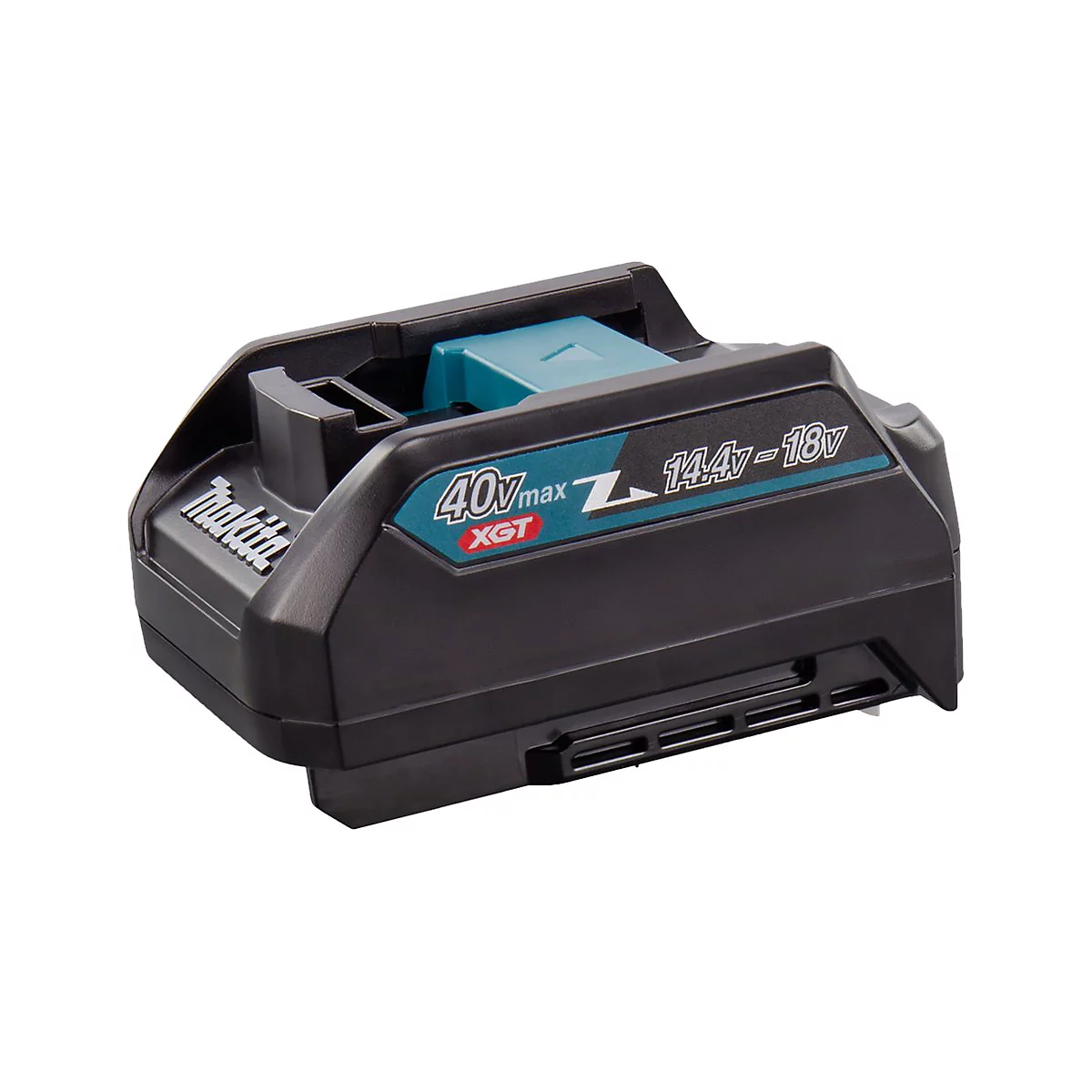 Schwarzer Makita Akku-Adapter mit türkisem Verschluss und Beschriftung für 40V max und 14,4V-18V.
