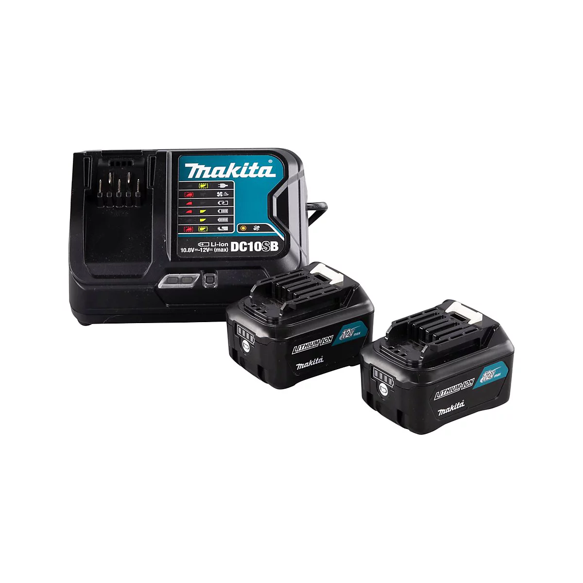 Makita Akku-Schnellladegerät DC10SB mit zwei Lithium-Ionen-Akkus auf weißem Hintergrund.