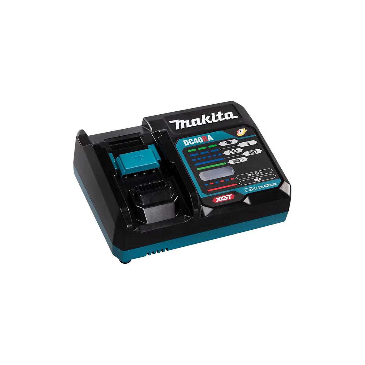 Schwarzes und türkisfarbenes Makita Akku-Schnellladegerät DC40RA für 40V XGT Akkus auf weißem Hintergrund.