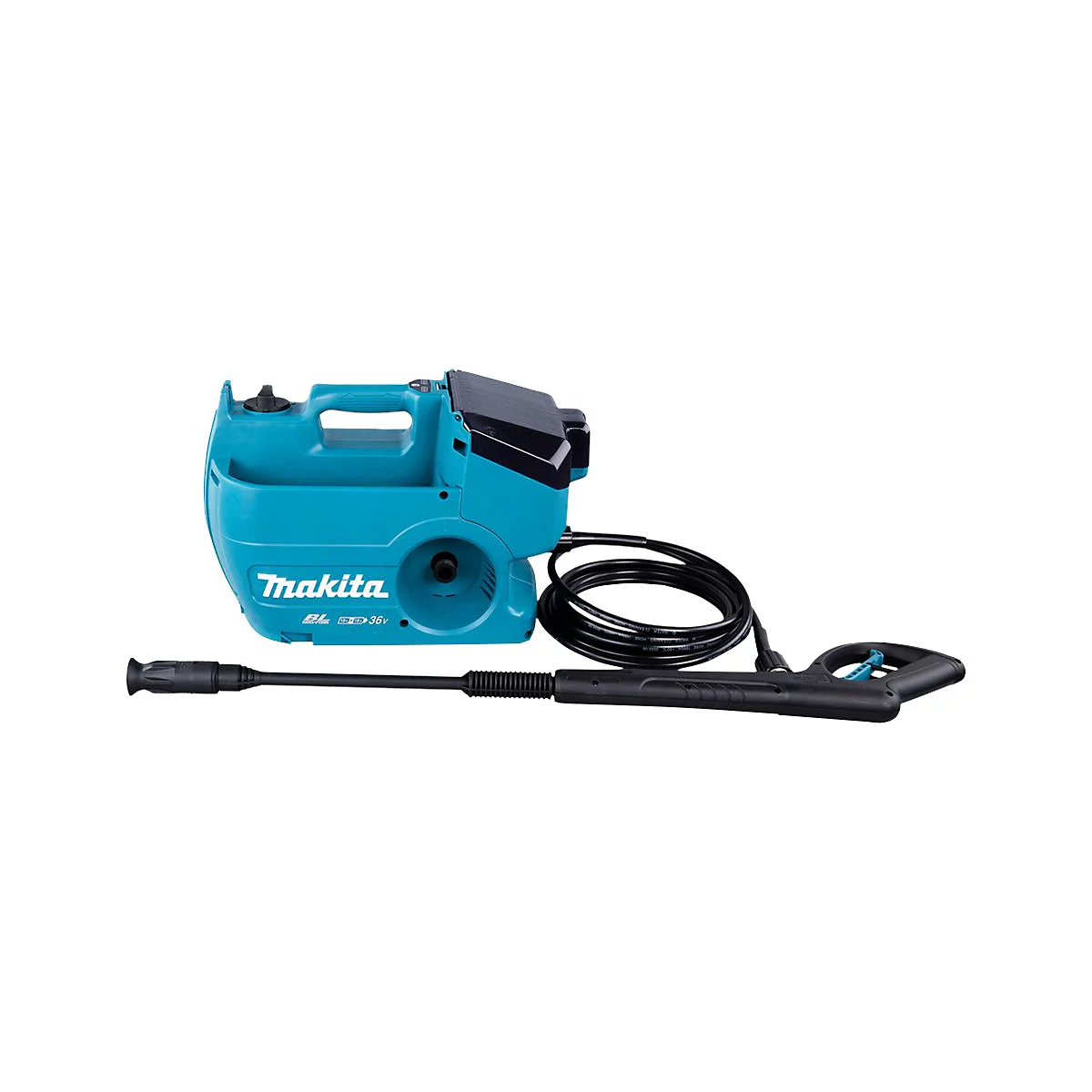 Akku-Hochdruckreiniger von Makita in Türkis mit schwarzem Schlauch und Sprühlanze vor weißem Hintergrund.