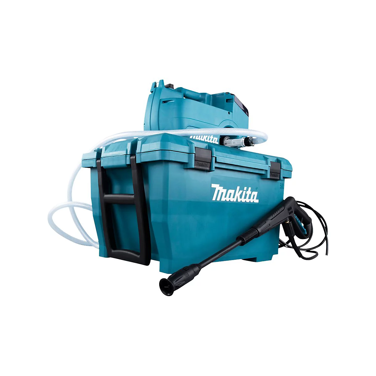 Blauer Makita Akku-Hochdruckreiniger mit Wassertankbox vor weißem Hintergrund.