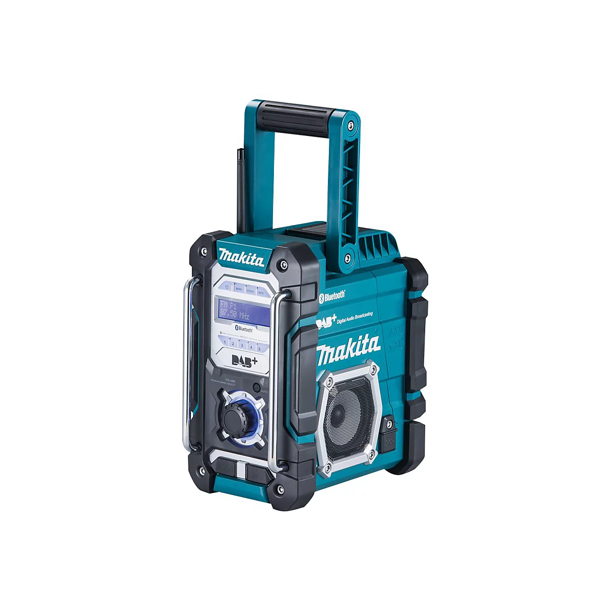 Blaues Makita Baustellenradio mit Tragegriff, LCD-Display, Lautsprecher und Bluetooth-Symbol.