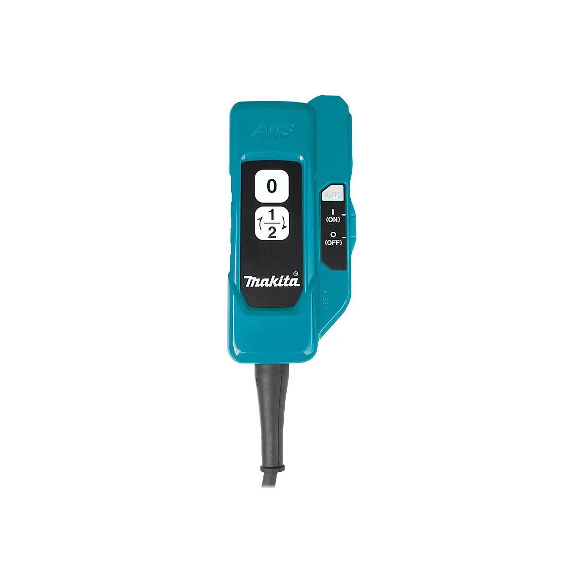 Türkisblaues Makita AWS-Modul mit weißem Bedienfeld, Symbolen und schwarzem Kabel vor weißem Hintergrund.