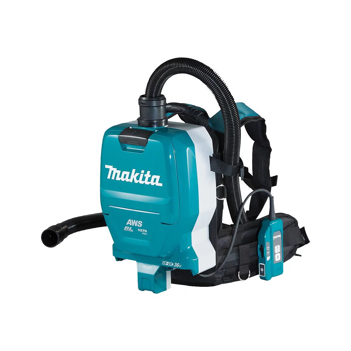 Makita Rucksack-Staubsauger in Türkis und Weiß mit Tragegeschirr und Bedieneinheit.