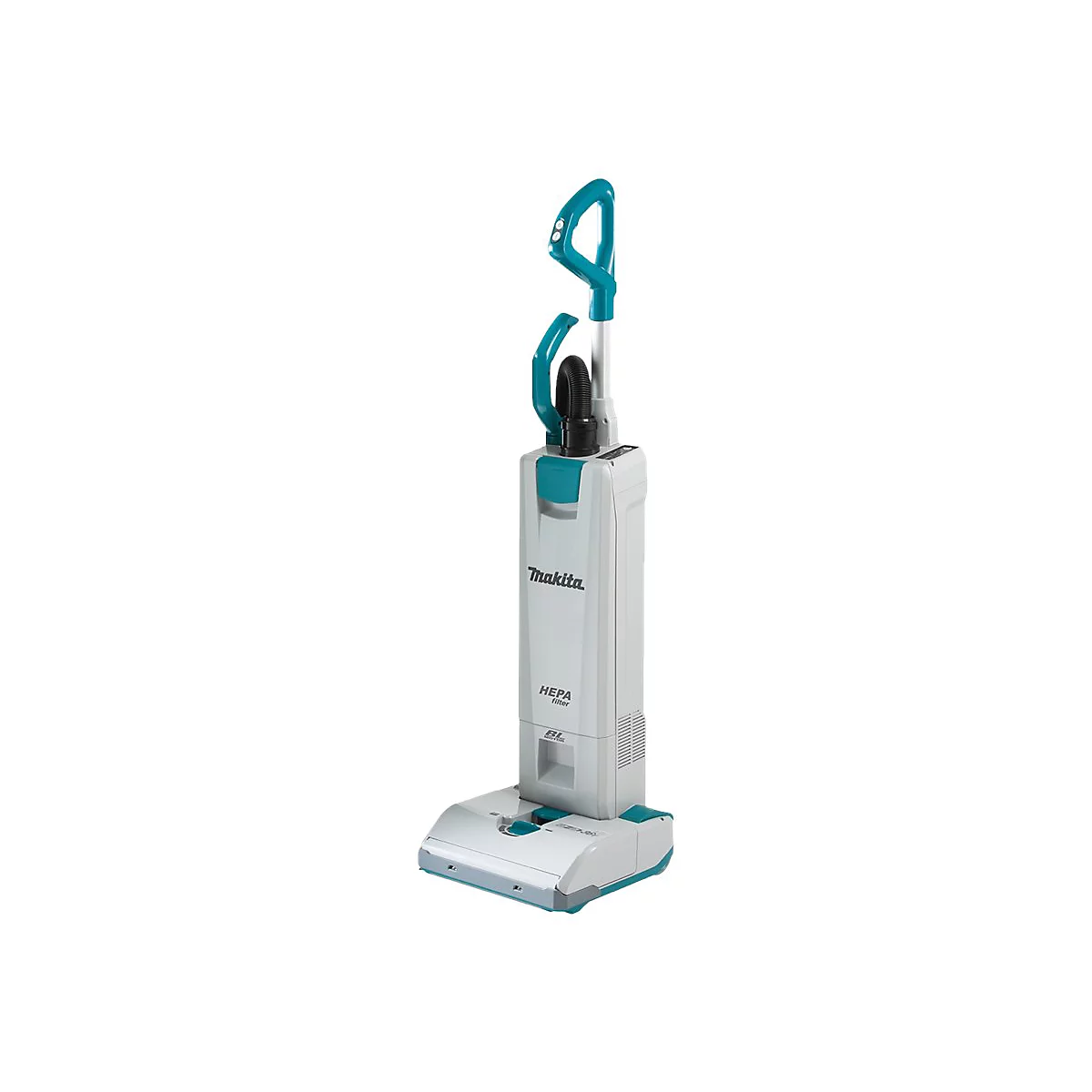 Makita Staubsauger mit weißem Gehäuse und türkisfarbenen Akzenten auf weißem Hintergrund.