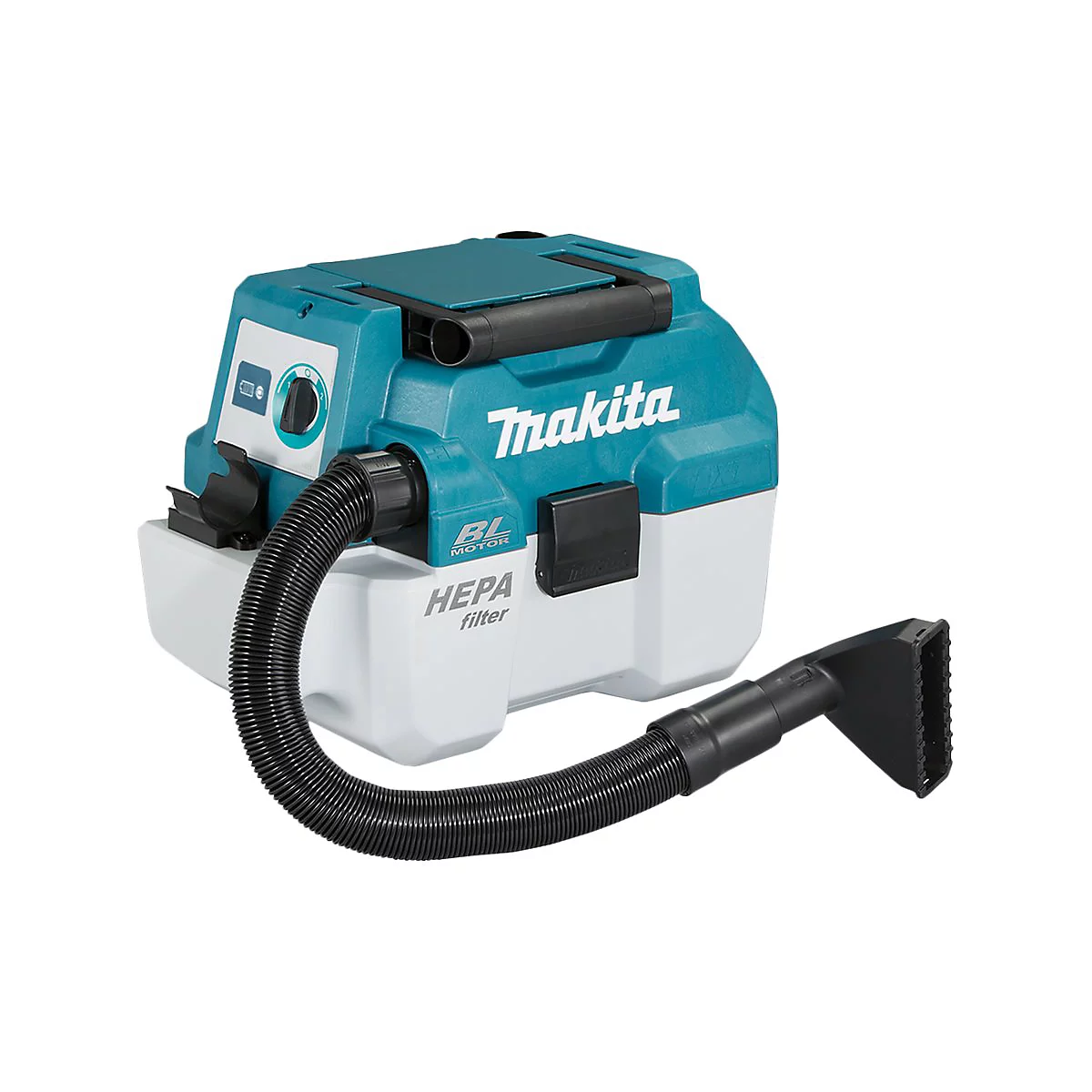 Blau-weißer Makita Akku-Staubsauger mit HEPA-Filter, Tragegriff und angeschlossenem Schlauch mit Düse.