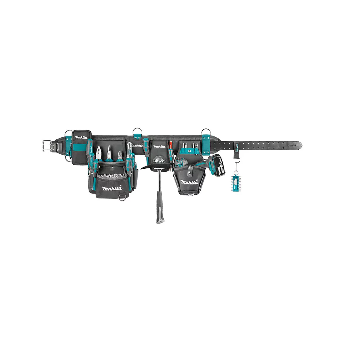 Makita Werkzeuggürtel mit verschiedenen Taschen, bestückt mit Zangen, Schraubendrehern, Hammer und Akkuschrauber.