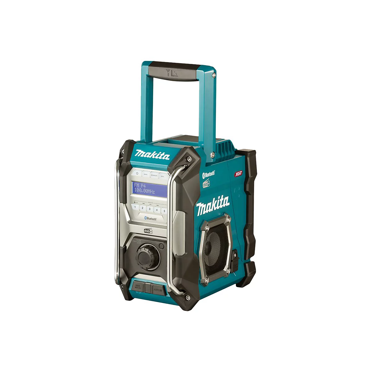 Blaues Makita Baustellenradio mit Tragegriff, LCD-Display und Bedienelementen vor weißem Hintergrund.
