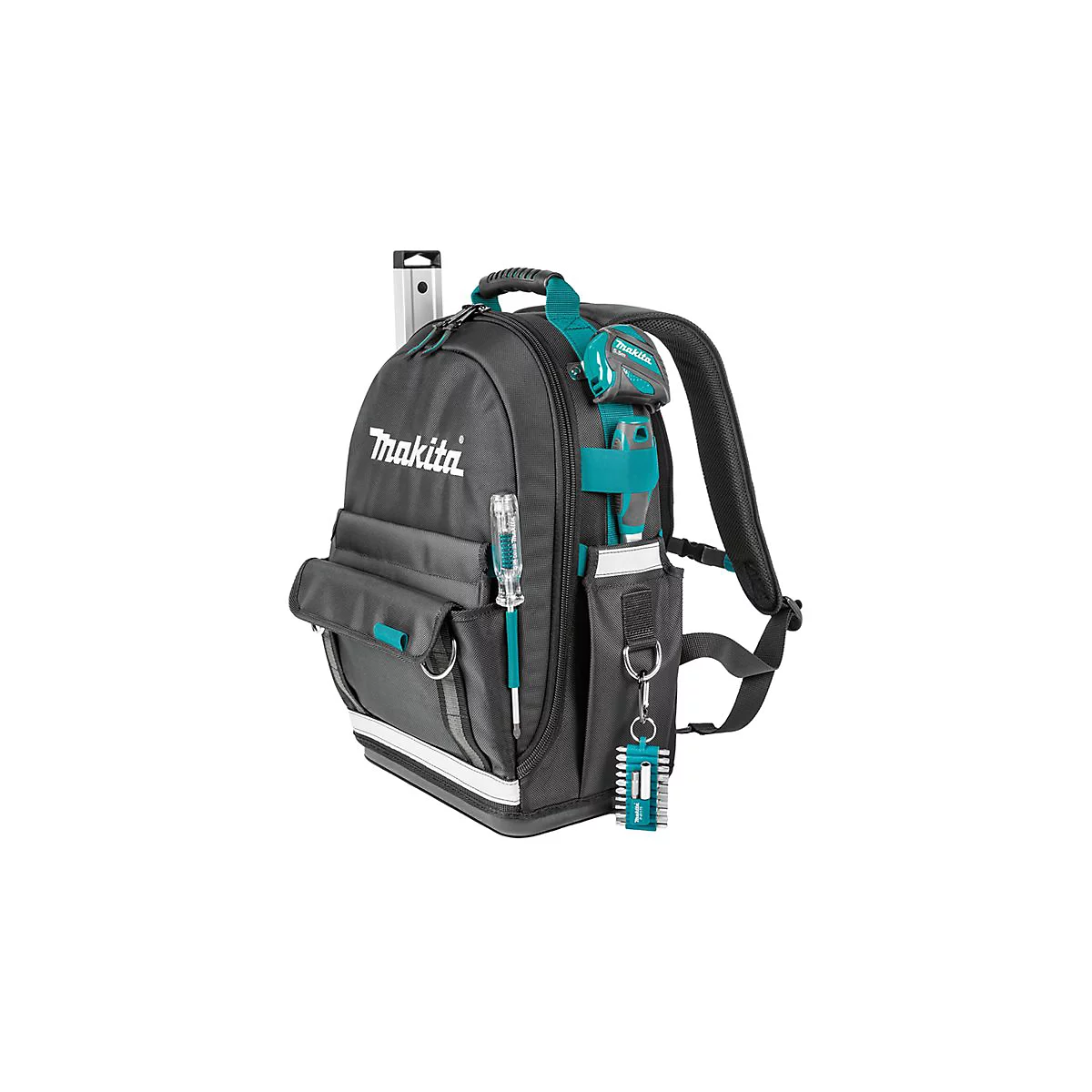 Schwarzer Makita Werkzeugrucksack mit türkisen Details, bestückt mit Werkzeugen vor weißem Hintergrund.