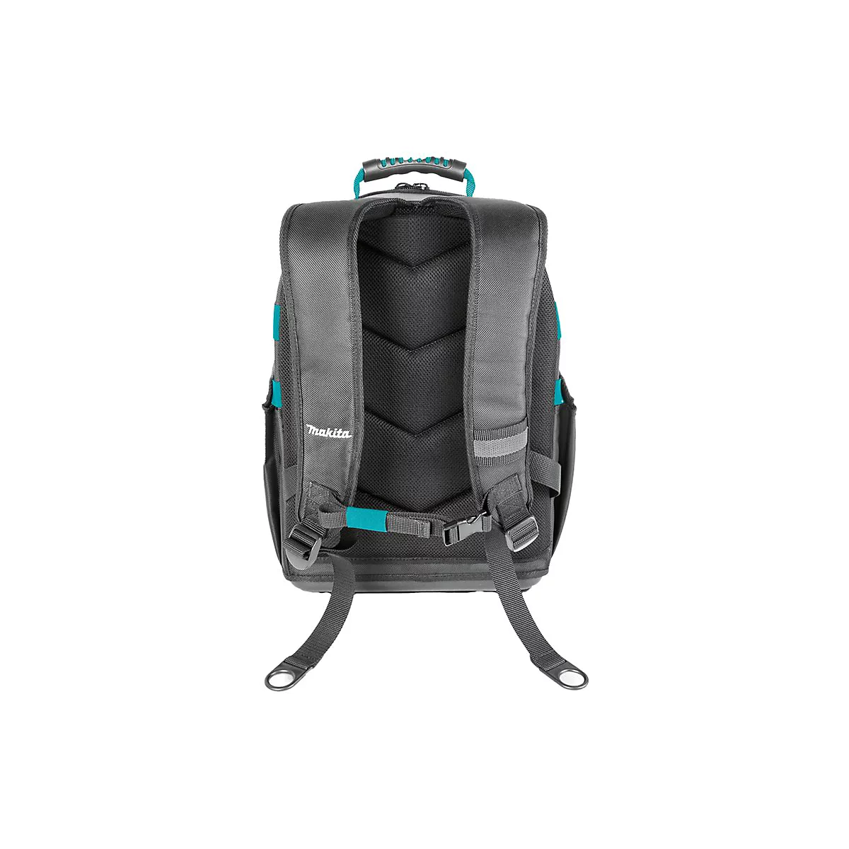 Rückansicht eines schwarzen Makita-Werkzeugrucksacks mit gepolstertem Rückenteil und türkisen Akzenten.
