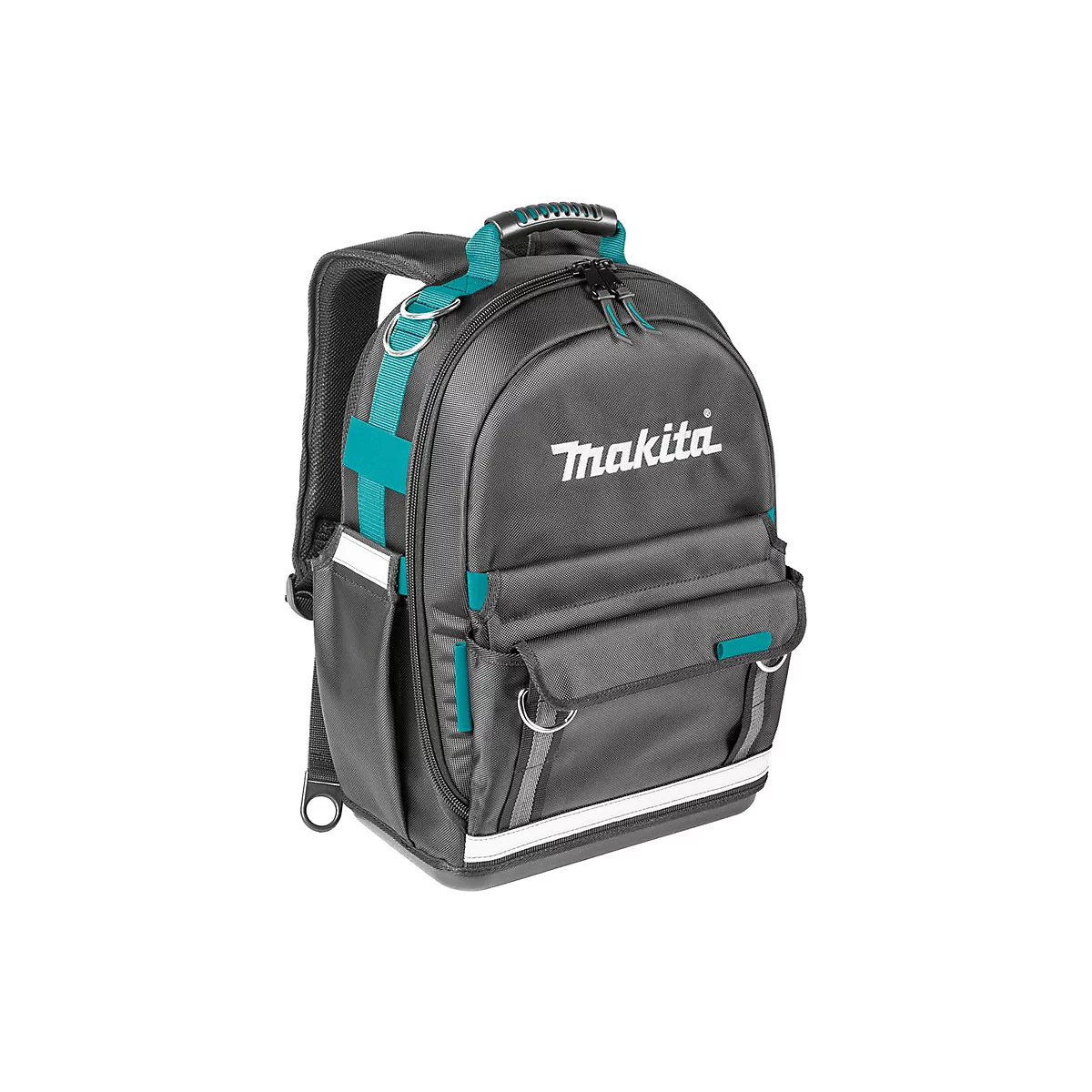 Schwarzer Makita Werkzeugrucksack mit türkisblauen Akzenten und weißem Logo auf neutralem Hintergrund.