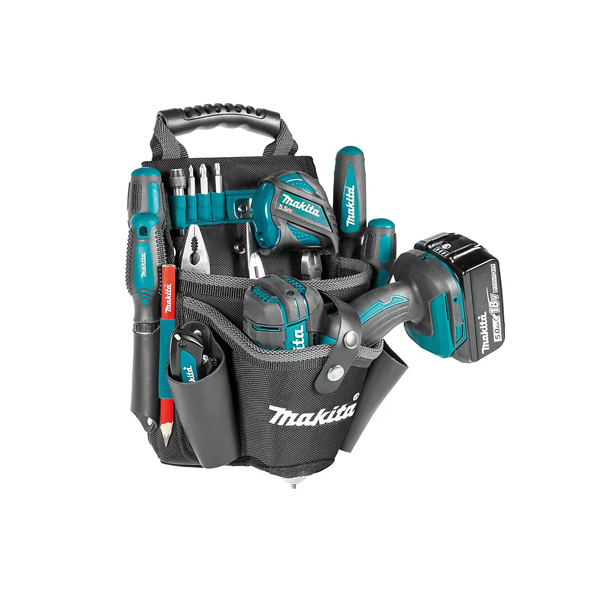 Schwarze Makita Werkzeugtasche gefüllt mit Akku-Bohrschrauber, Maßband, Schraubendrehern und Zubehör.