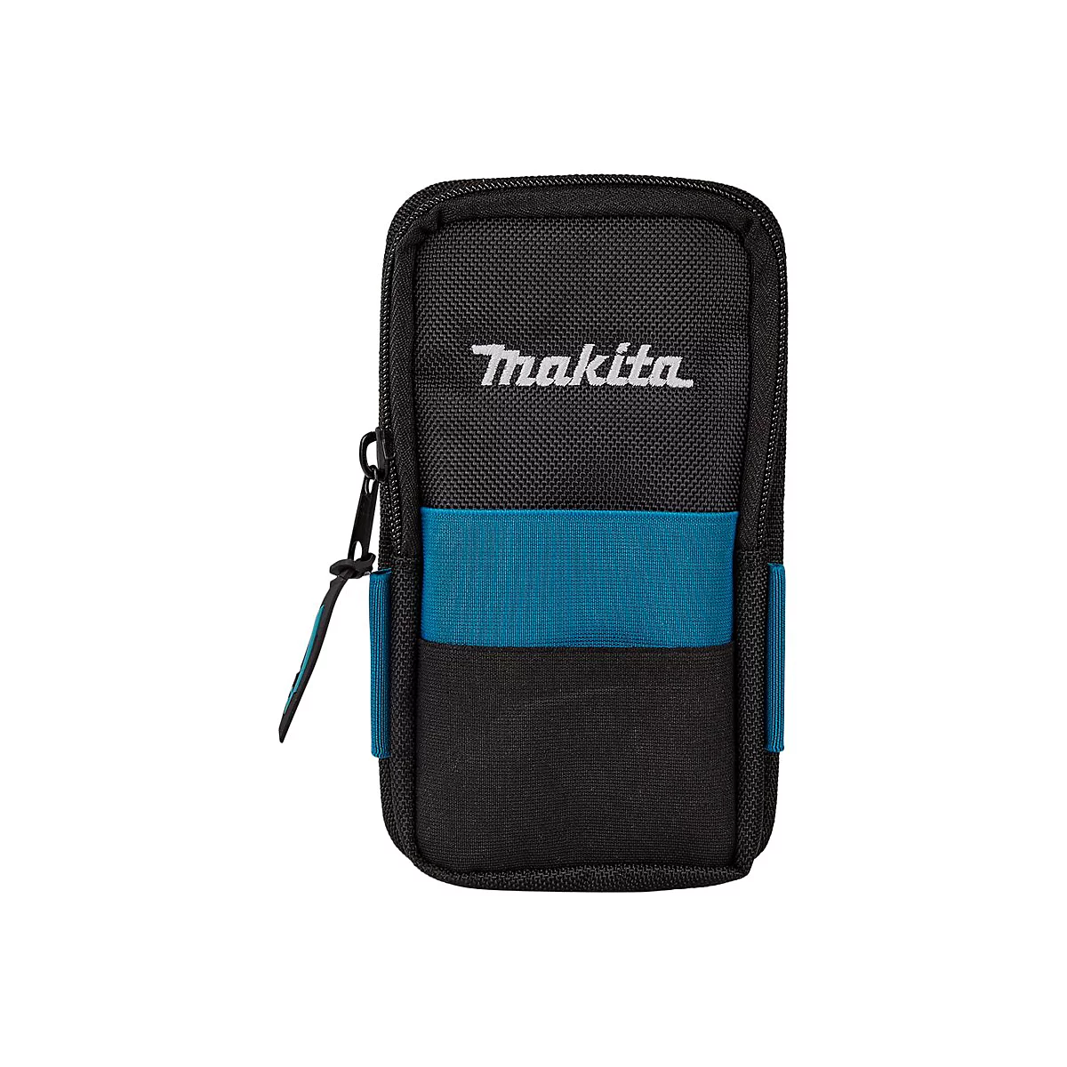 Schwarze Makita-Werkzeugtasche mit blauem Querstreifen und weißem Logo auf neutralem Hintergrund.