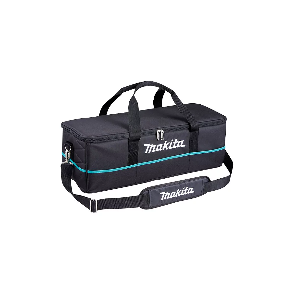 Schwarze Makita Werkzeugtasche mit blauem Zierstreifen, Tragegriffen und gepolstertem Schultergurt vor weißem Hintergrund.