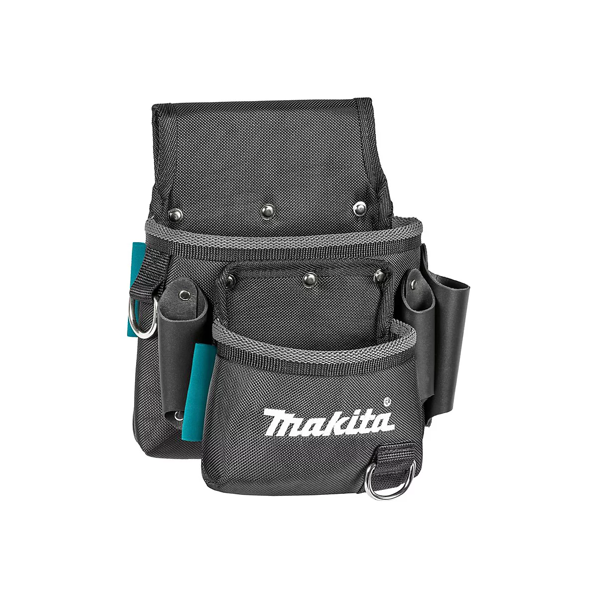 Schwarze Makita Werkzeugtasche mit mehreren Fächern, Schlaufen und weißem Markenlogo auf weißem Hintergrund.