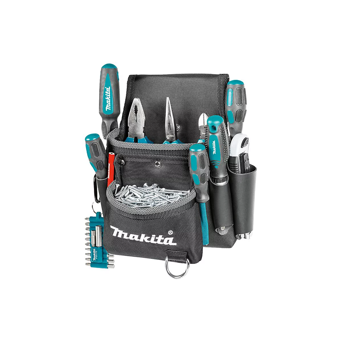 Schwarze Makita-Werkzeugtasche mit verschiedenen Schraubendrehern, Zangen und Schrauben vor weißem Hintergrund.