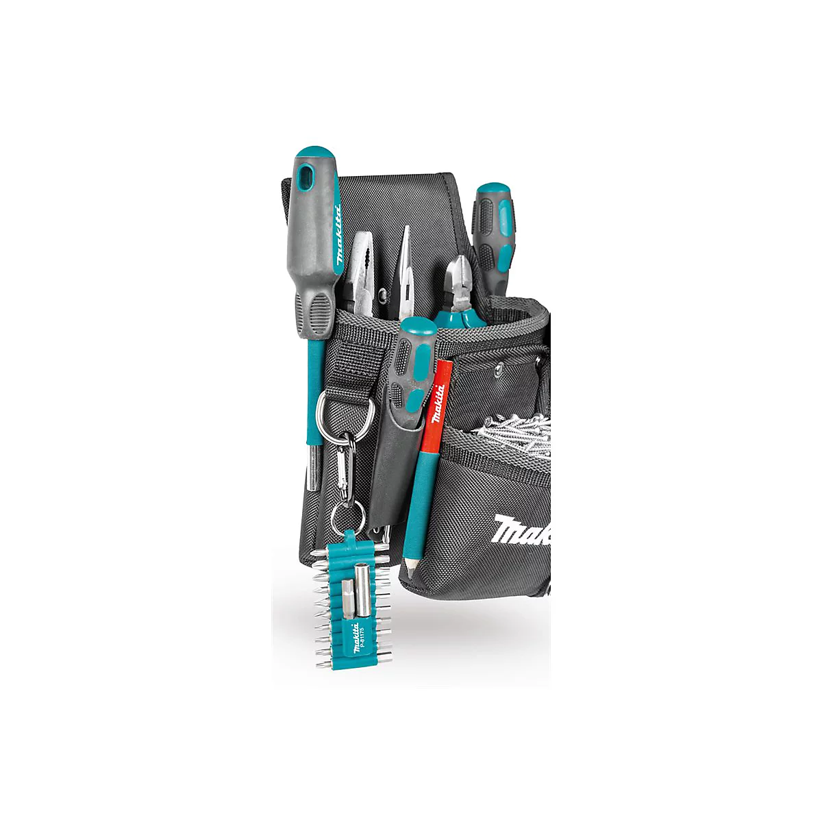 Schwarze Werkzeugtasche von Makita mit verschiedenen Werkzeugen wie Schraubendreher, Zange und Bit-Set.