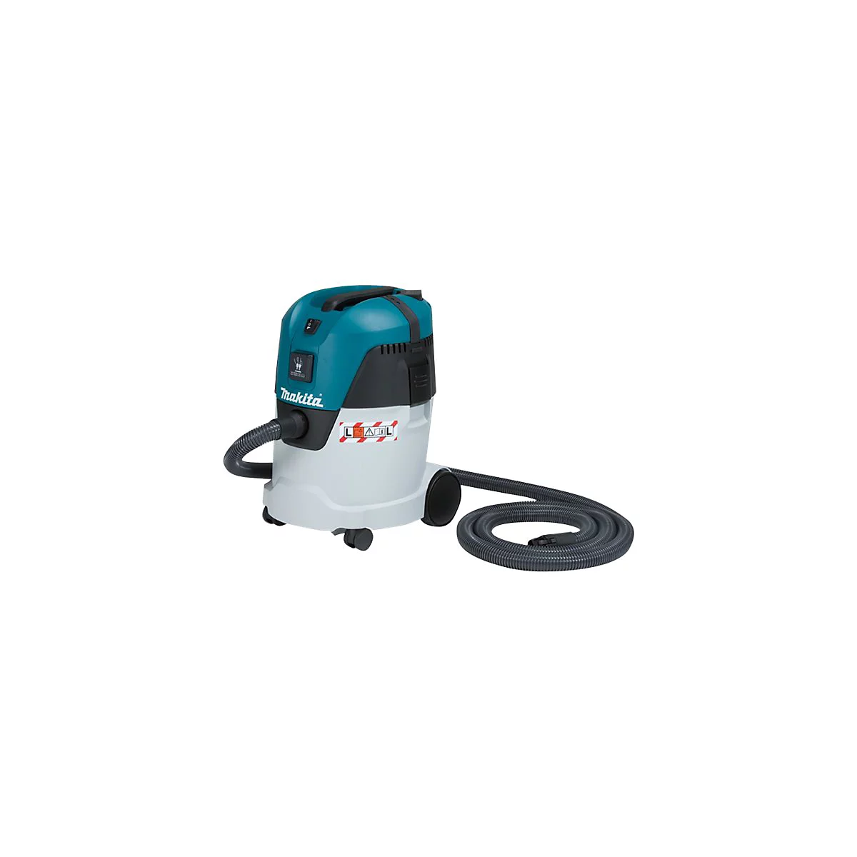 Blau-grauer Makita Industriestaubsauger mit Saugschlauch vor weißem Hintergrund.