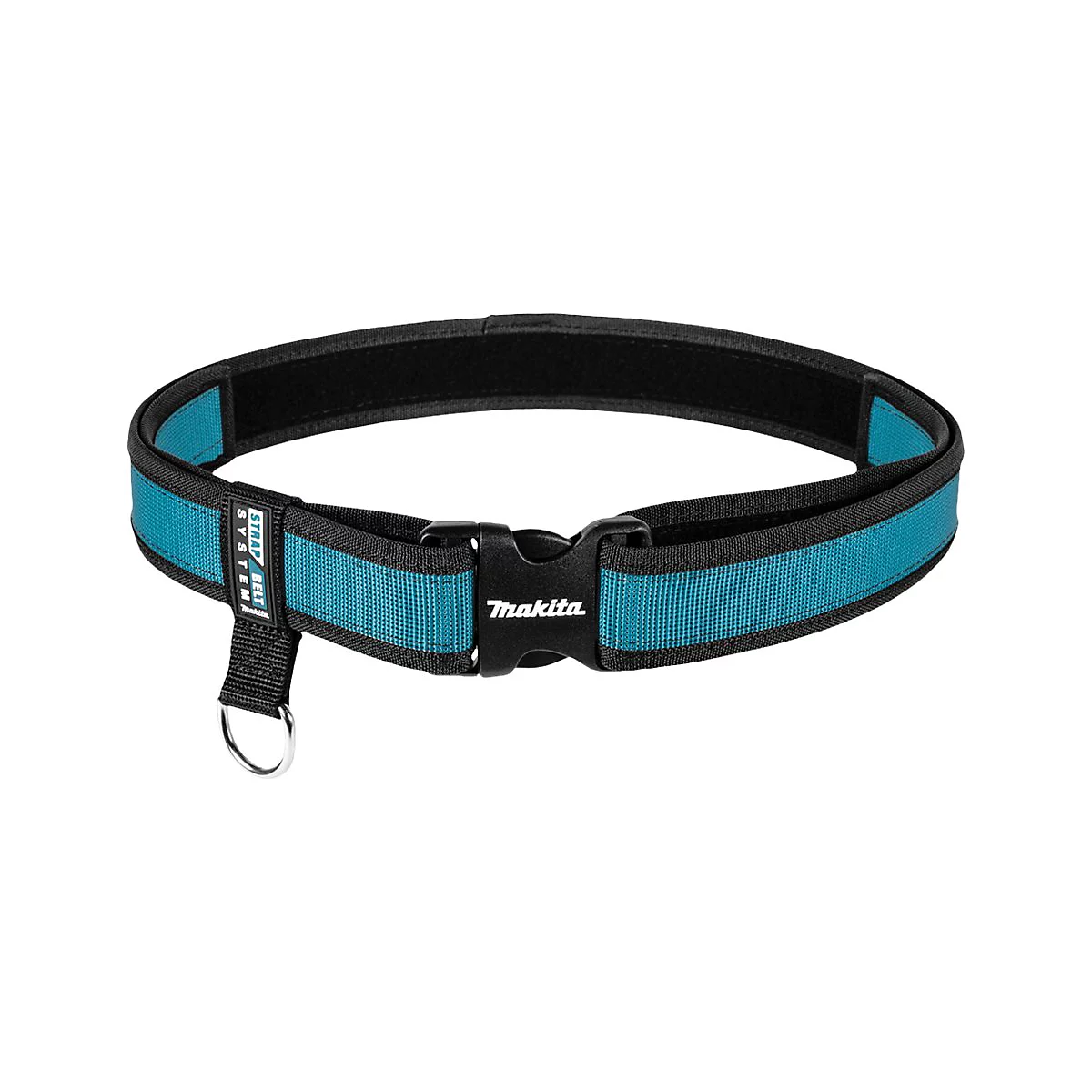 Makita Werkzeuggürtel in Blau und Schwarz mit Klickverschluss, Markenlogo und D-Ring auf weißem Hintergrund.