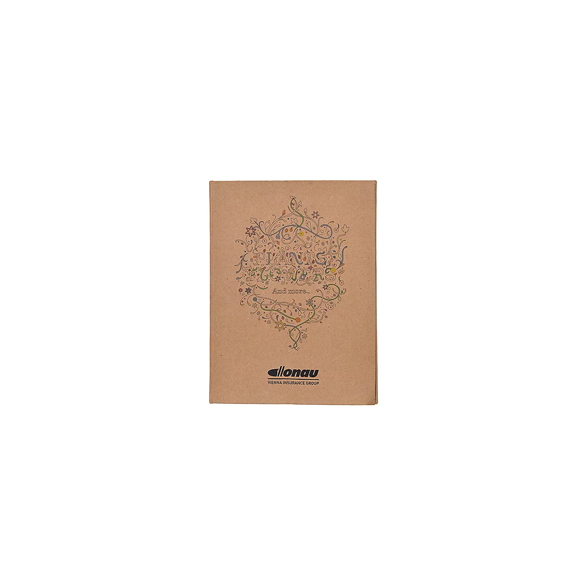 Notizbuch mit floralem Muster und Schriftzug 'Plants Flowers'. Darunter 'And more...' und Logo der Vienna Insurance Group.